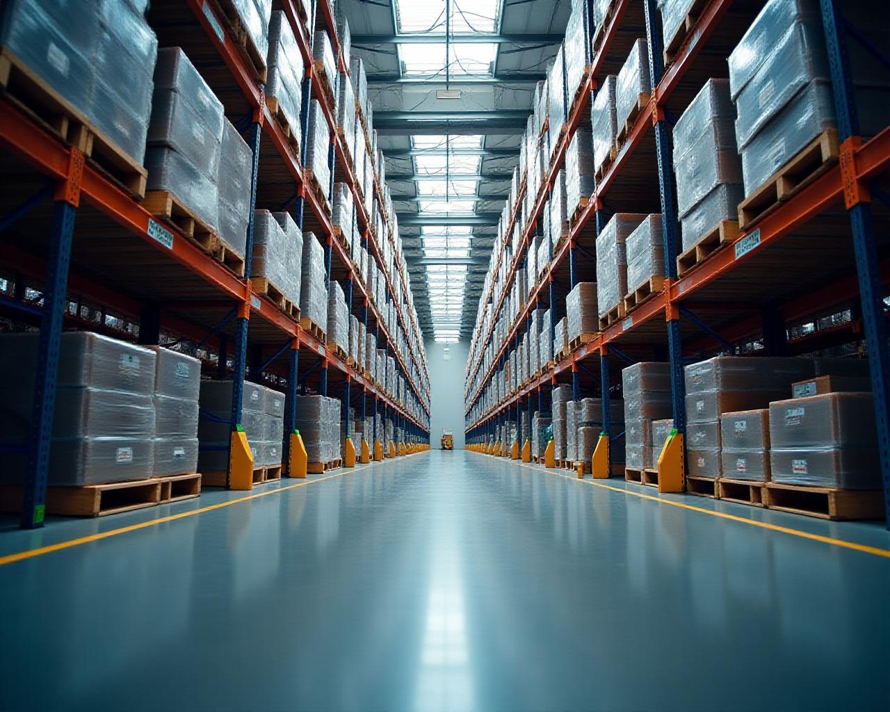 Modern expansive freight warehouse interior with high ceilings and organized racks