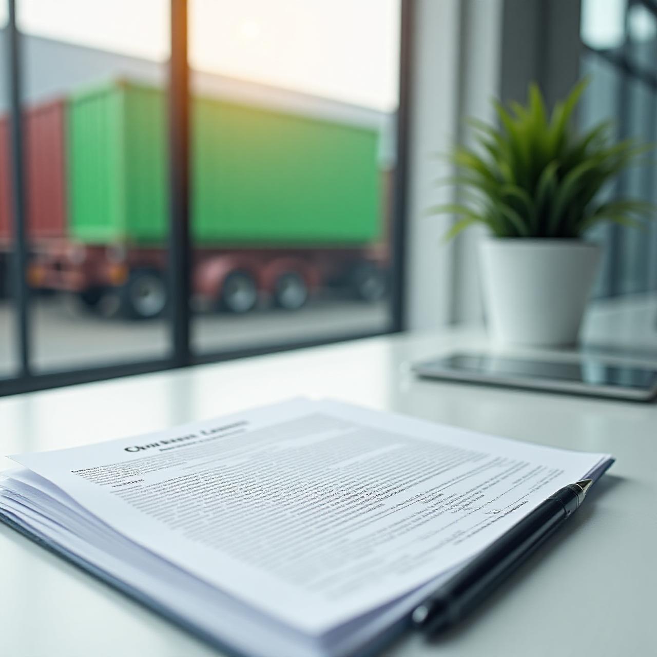 Legal documents and a shipping container in the background representing contractual safety