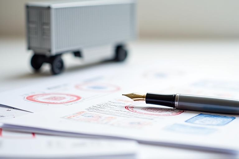 Professional documents and customs stamps signifying legal compliance