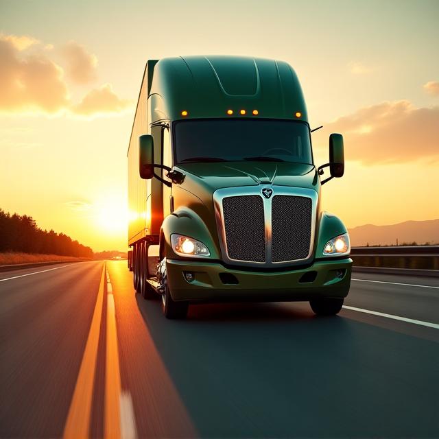 Modern freight truck on a scenic highway at dusk